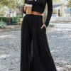 Black Solid Color Ribbed Crop Top Long Pants Set