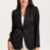 Women's Black Collared Neck Single Breasted Blazer With Pockets