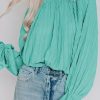 Elegant Green Pleated Flared Cuff Long Sleeve Blouse