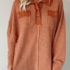 Brown Waffle Knit Button Contrast Trim Long Sleeve Top