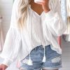 White Split Neck Smocked Cuffs Bishop Sleeve Blouse