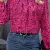 Rose Leopard Print Pleated Blouse With Keyhole