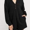 Black Brushed Ribbed Button Split V Neck Long Sleeve Romper