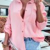 Pink Crinkle Texture Roll-tab Sleeve Shirt For Women