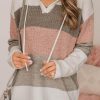 Women's Pink Color Block Knitted Drawstring Hooded Sweater