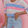 Pink Contrast Striped V Neck Long Sleeve Top