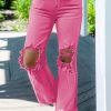 Pink Distressed Holes Raw Edge Cropped Flare Jeans