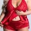 Red Sexy Lace Bow Halter Backless Plus Size Babydoll Set