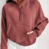 Brown Zip Up Stand Collar Ribbed Thumbhole Sleeve Sweatshirt