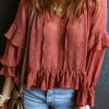 Women's Romantic Red Swiss Dot Lace Up V Neck Ruffled Blouse