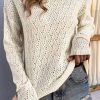 Beige Eyelet Knit Ribbed Trim Sweater