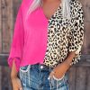 Rose Leopard Color Block Roll Tab Sleeve V Neck Top