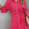 Rose Pleated Buckle Belt Drop Shoulder Shirt Mini Dress