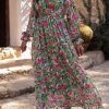 Women's Elegant Green Floral Print Deep V-Neck Ruched Cinched Waist Maxi Dress