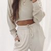 Women's Apricot Ribbed Long Sleeve Drawstring Pants Set