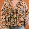 Multicolor Plus Size Floral V-Neck Long Sleeve Blouse