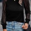 Black Ribbed Knit Sheer Striped Sleeve Plus Size Top