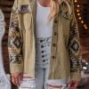 Women's Khaki Aztec Print Patchwork Frayed Edge Corduroy Jacket