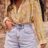 Yellow Paisley Print Ruffled Trim Boho Shirt