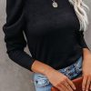 Black Solid Puff Sleeve Ribbed Knit Top For Women