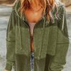 Women's Green Waffle Patchwork Vintage Washed Hooded Jacket