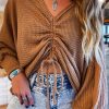 Brown V-Neck Drawstring Dolman Sleeve Waffle Knit Top