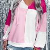 Pink Colorblock Exposed Seam Loose Sleeve Hoodie