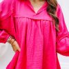 Rose Crinkle Collared V-Neck Bubble Sleeve Flowy Blouse