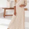 Khaki Striped V-neck Long Sleeve Casual Dress