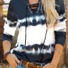 Blue Tie Dye Lace Up V-Neck Long Sleeve Top