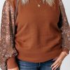 Brown Plus Size Printed Splicing Sleeve Ribbed Trim Sweater