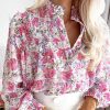 Purple Frilled Collar Shirred Yoke Floral Bubble Sleeve Shirt