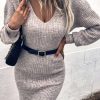 Gray V Neck Bodycon Sweater Dress