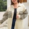 Women's Apricot Plus Size Leopard Sleeve Raw Hem Denim Jacket