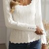 White Scalloped Trim Ribbed Eyelet Slim Fit Sweater