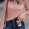 Pink Ribbed Round Neck Knit Long Sleeve Top