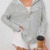 Women's Casual White Striped Thumbhole Drop Shoulder V Neck Top