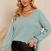 Women's Green Waffle Knit V Neck Long Sleeve Loose Tunic Top