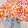 Women's Elegant Orange Floral Bishop Sleeve Button Up Shirt