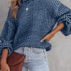 Blue Heathered Knit Drop Shoulder Puff Sleeve Sweater