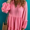 Women's Chic Pink Swiss Dotted Split Neck Tiered Ruffled Short Dress