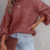 Red Heathered Knit Drop Shoulder Puff Sleeve Sweater