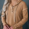 Women's Casual Khaki Waffle Knit Henley Hooded Top