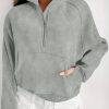 Gray Zip Up Stand Collar Ribbed Thumbhole Sleeve Sweatshirt