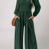 Green Smocked Square Neck Long Sleeve Wide Leg Jumpsuit