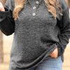 Black Plus Size Ribbed Long Sleeve Henley Top