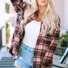 Women's Blue Oversized Plaid Shacket With Flap Pockets And Slits