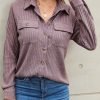 Women's Purple Button Flap Pocket Ribbed Knit Shacket