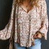 Women's Apricot Western Print Balloon Sleeve Tassel Blouse