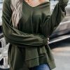 Women's Green Expose Seam Detail Split Neck Long Sleeve Top